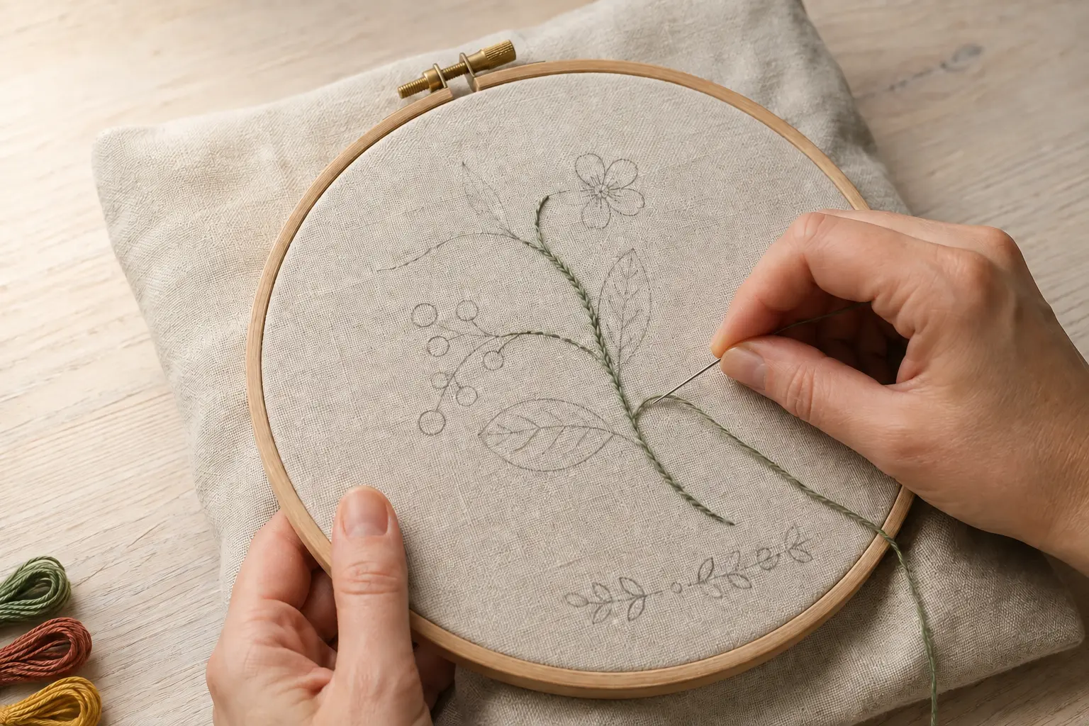 Broderie d’une tige courbe en fil vert sauge sur une housse en lin