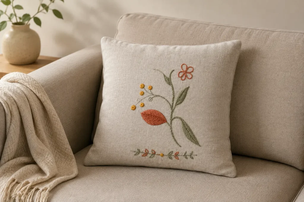 Housse de coussin en lin brodée d’un motif botanique sur un canapé beige