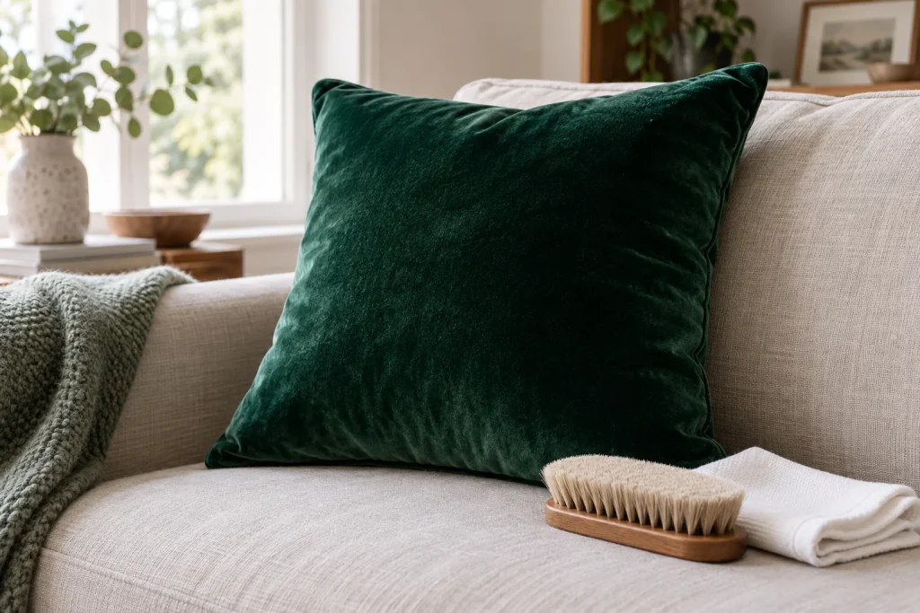 Coussin en velours vert près d’une brosse douce et d’un chiffon