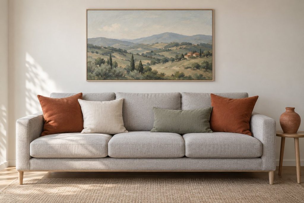 Canapé gris avec coussins terracotta reprenant les toits d'une toile paysage accrochée au-dessus