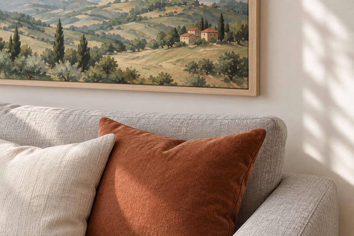 Gros plan d'un coussin velours terracotta sous le détail de toits peints sur une toile