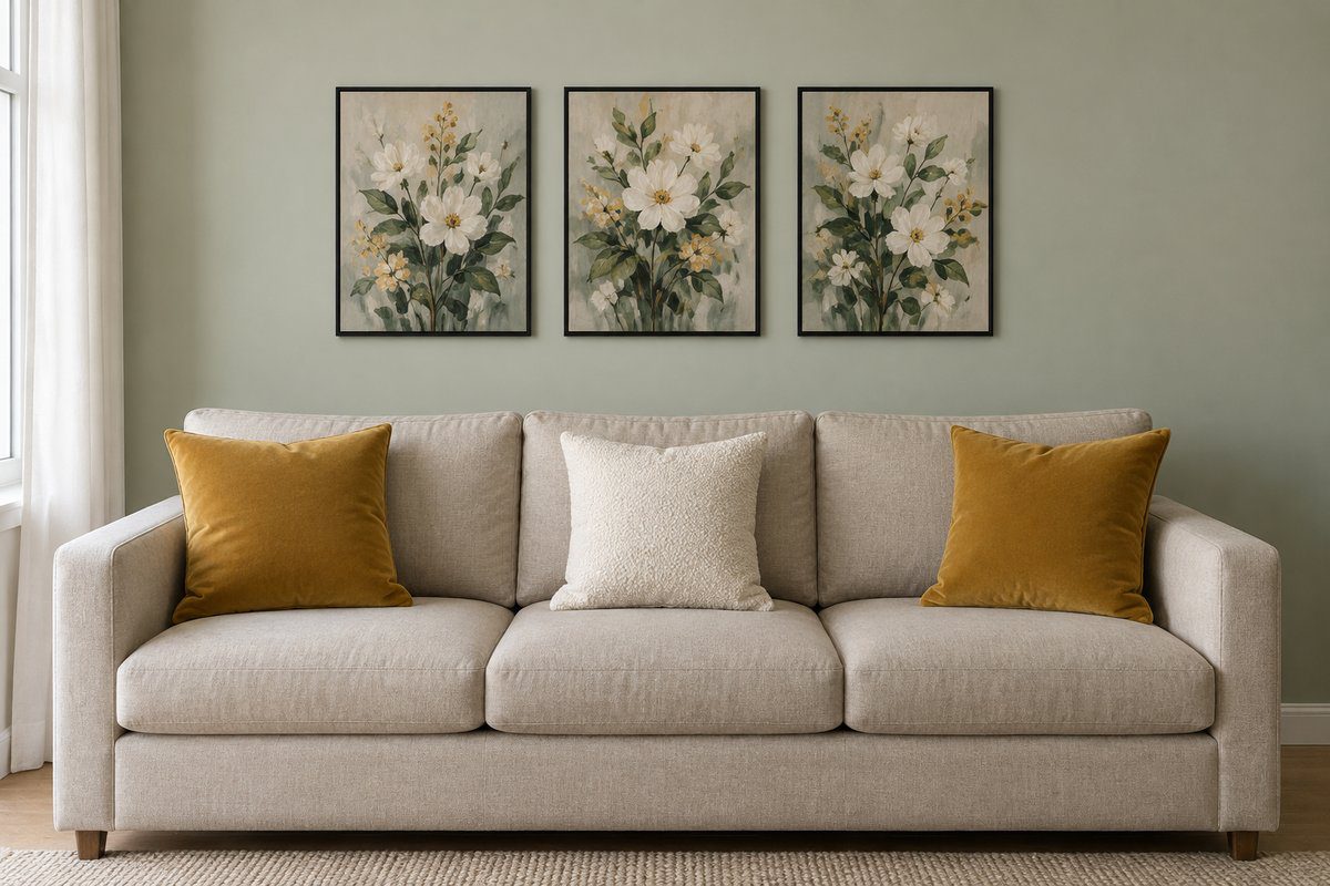 Triptyque floral aligné au-dessus d'un canapé beige avec trois coussins moutarde et blanc