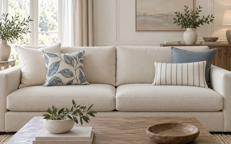 Canapé beige avec un coussin uni écru, un imprimé à feuilles bleues, un uni bleu et une fine rayure bleue.